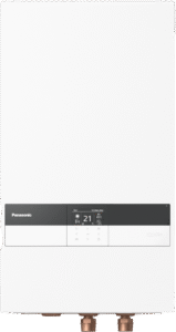 Panasonic Aquarea unit with a black control panel at the bottom showing temperature and icons; two copper fittings extend from the base.