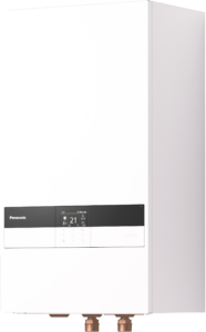 Outdoor Panasonic heating unit with control panel on the front, white cabinet and copper fittings below.