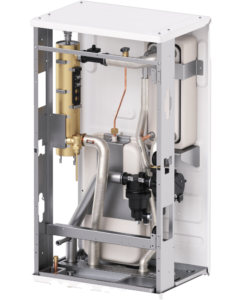 Internal view of a compact boiler module with copper pipes, a brass valve, and a pump inside a metal frame