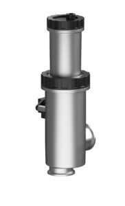 Vertical stainless-steel pipe section with two black screw-on clamps (top and middle) and a small side outlet fitting toward the bottom.