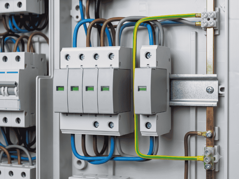 Close-up of an electrical distribution panel with multiple circuit breakers and blue, brown, and yellow-green wires connected to terminals inside a metal cabinet.
