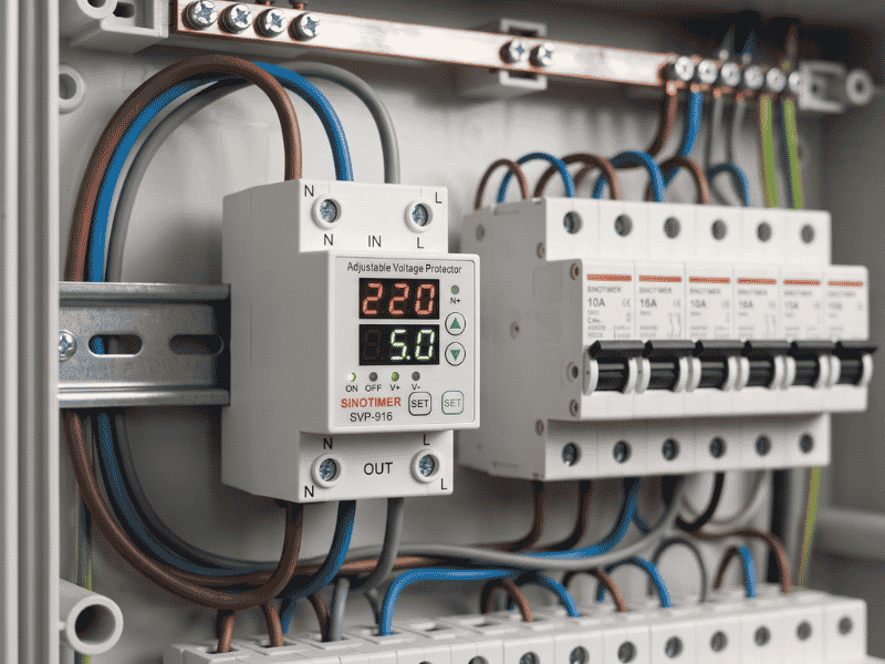 Industrial electrical panel interior with an adjustable voltage protector reading 220V and 50Hz, surrounded by blue, brown, and gray wiring and a row of circuit breakers.