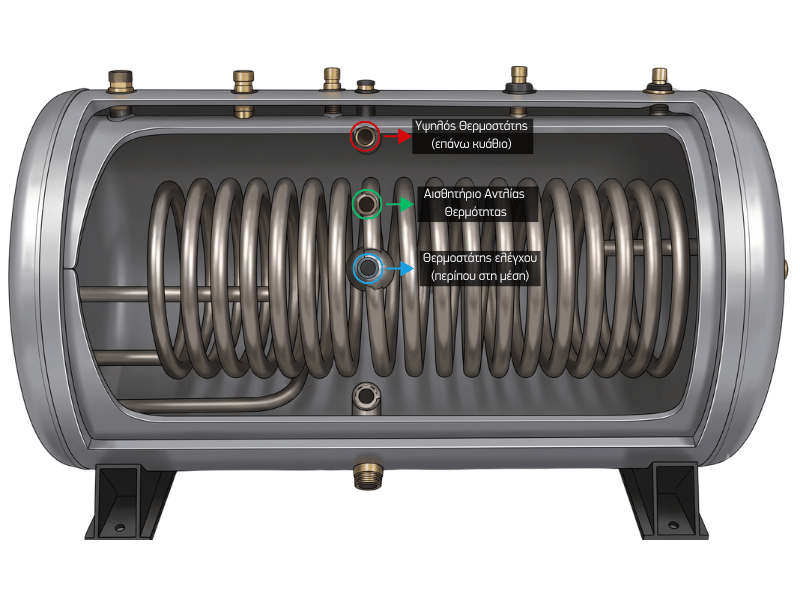 Cross-section of a water heater tank with a coiled heater, three sensor ports (red top thermostat, green sensor, blue mid sensor) inside a metal shell.