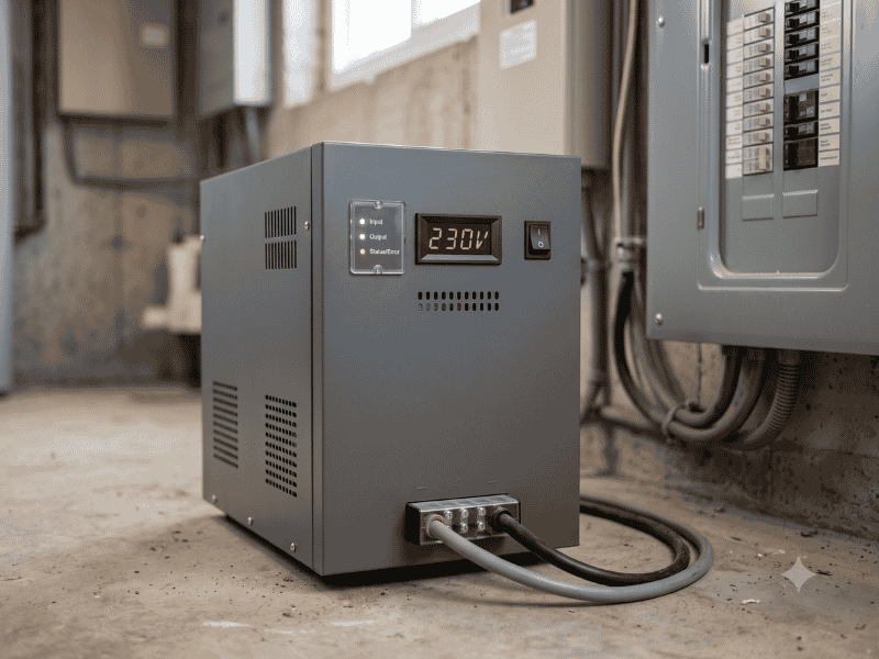 Industrial power backup unit (UPS) with a 230V display in a utility room, cables plugged into the front panel.